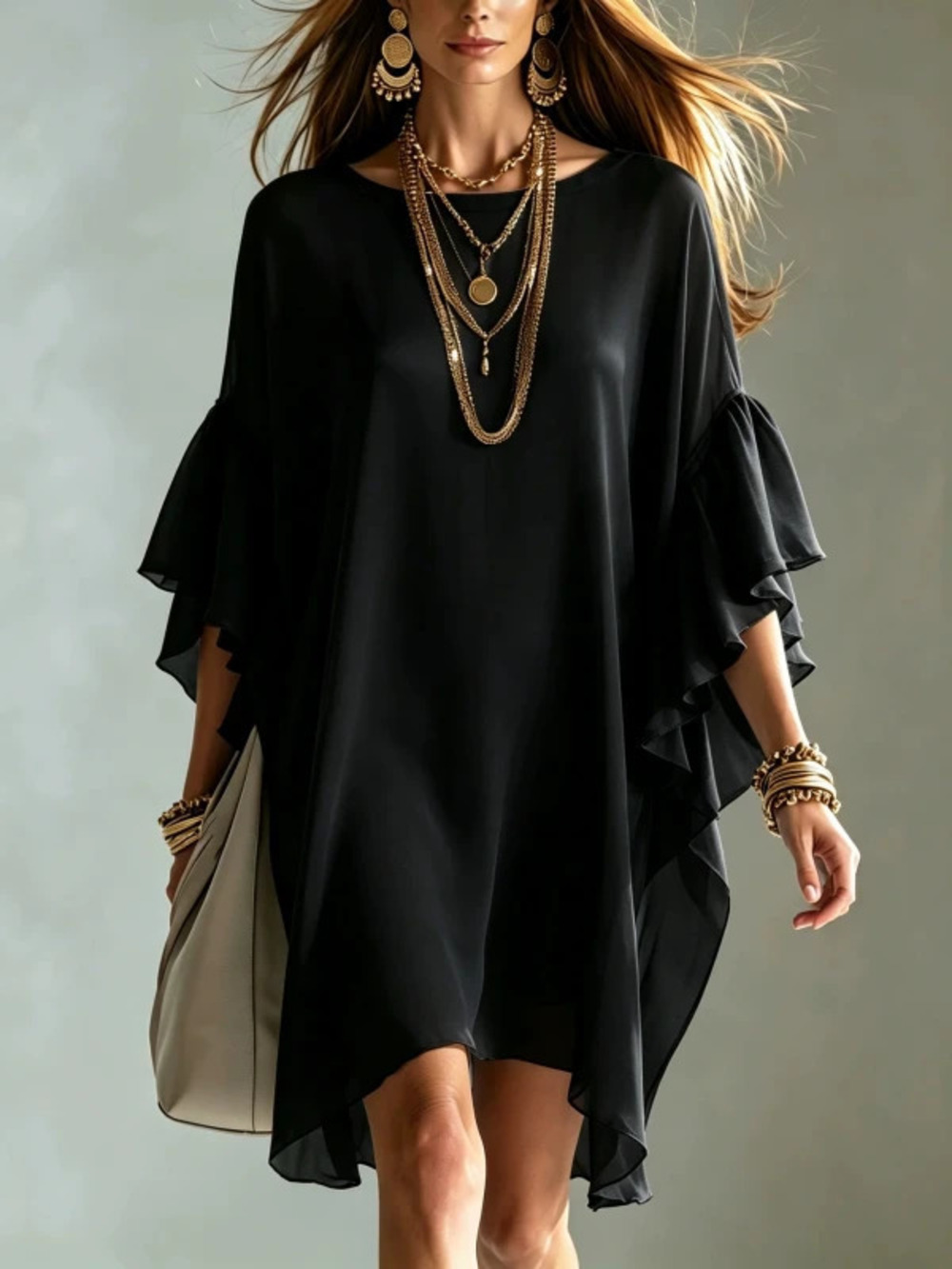 Minimalist Black Chiffon Ruffle Sleeve Mini Dress Loose Slimming Vacation Style